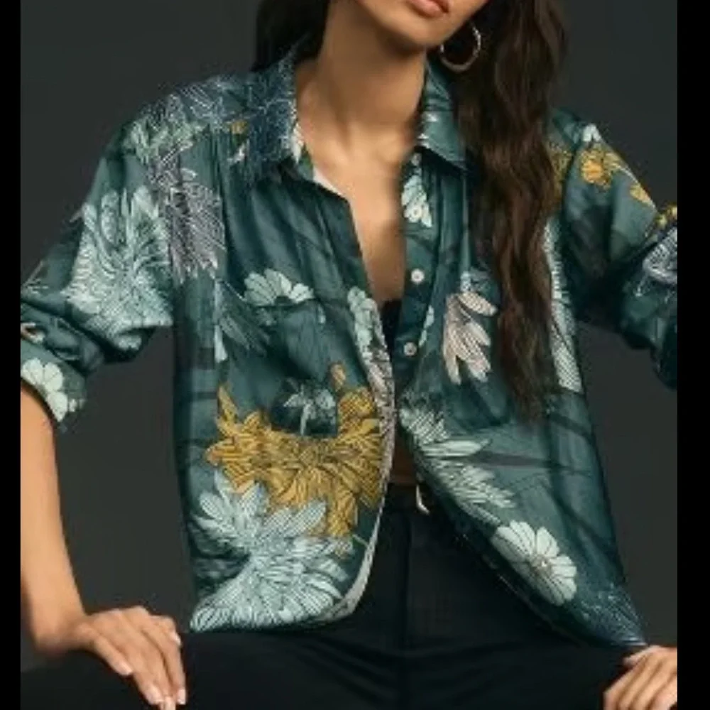 Anthropologie Briel Teal Floral Satin Button-Up Blouse with Mustard Accents XL - Picture 1 of 8